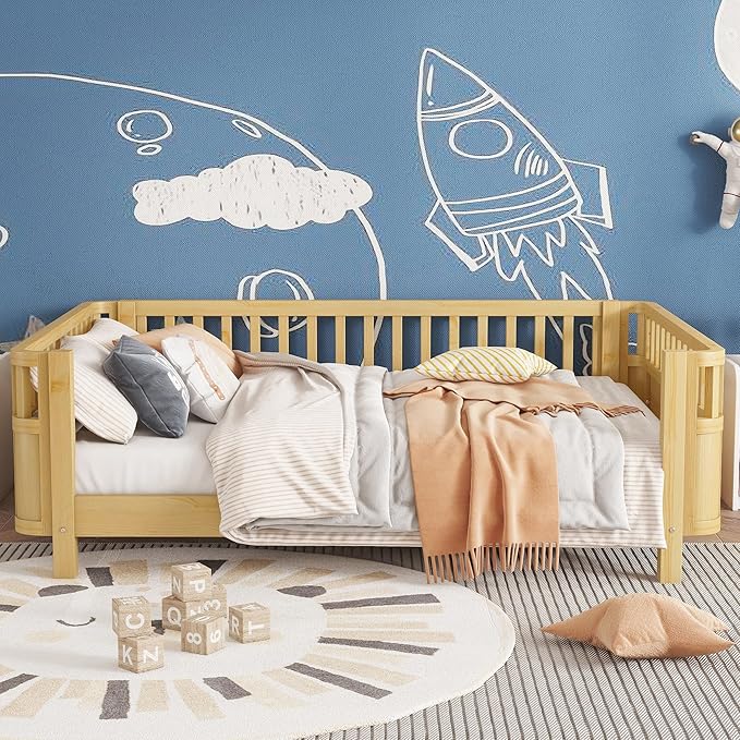 KEIKI Full Size Wooden Floor Bed, Montessori Platform Bed Frame with Low Profile & Safety Rails, Space Saving Kids Beds for Boys Girls Bedroom, No Box Spring Needed, Easy Assembly, Noise Free, Brown