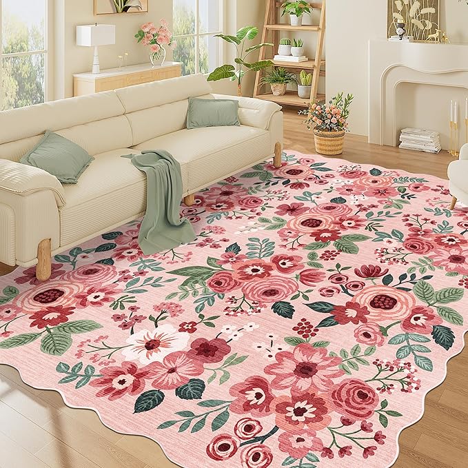 DUKINO 8x10 Area Rug, Floral Washable Rugs for Living Room with Non Slip Backing & Non-Shedding, Lightwight Low Pile Boho Design Large Carpets for Bedroom, Living Room, Dining Room, Pink