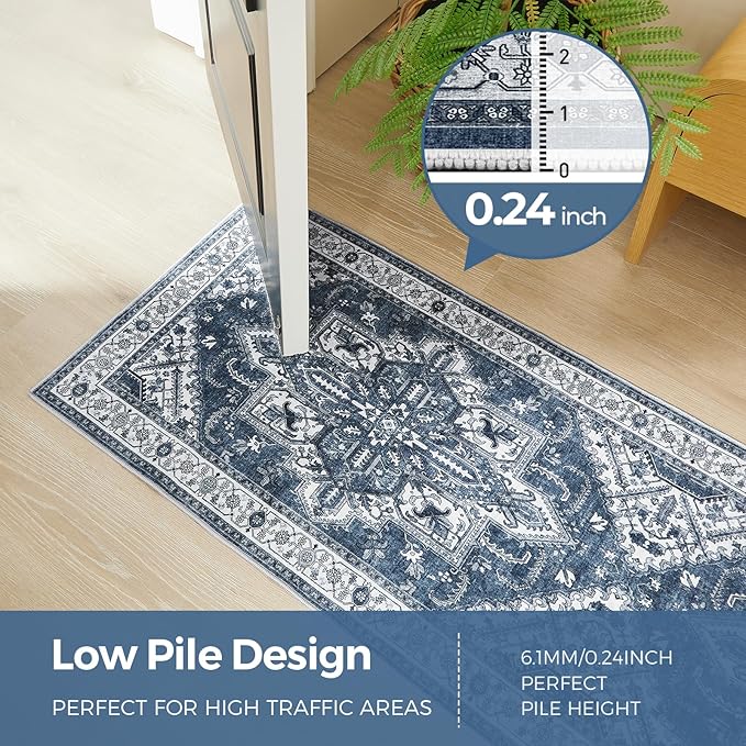 WITSHOCK Boho Area Rugs Machine Washable for Living Room Bedroom, 2x6 Vintage Non-Slip Stain Resistant Floor Carpet Indoor for Bedroom Kitchen Entryway Bathroom, Blue