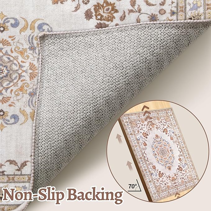 Tangsoo 2x6 Washable Runner Rug Non Slip, Vintage Persian Boho Neutral Hallway Rug for Entry Kitchen, Soft Low Pile Beige Floor Carpet Runner for for Laundry, Bedroom, Living Room Home Decor