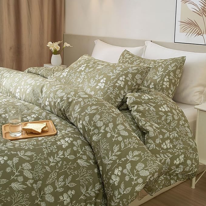 HighBuy Floral Duvet Cover King Olive Green Floral Botanical Bedding Comforter Cover King Women Girls Garden Style Bedding Set Boho Chic Duvet Cover with 2 Pillowcases,All Season