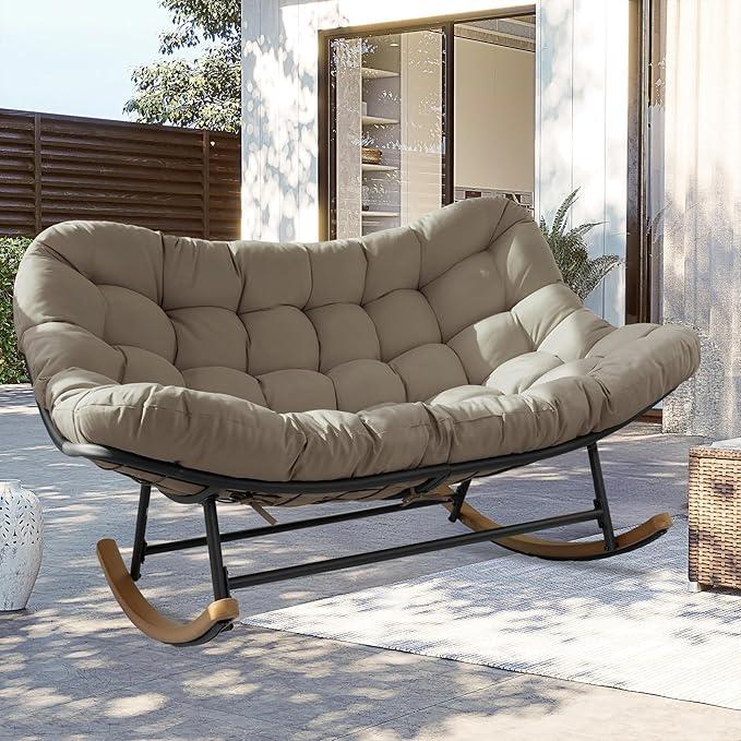 Double Papasan Rocking Chair Outdoor & Indoor, Oversized Rocking Reclining Loveseat with Thick Cushion and Frame, 660LBS Capacity Rocking Egg Chair for Patio Porch Living Room, Brown