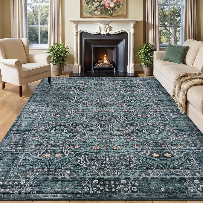 8x10 Retro Green Area Rug,Washable Living Room Floral Large Rug for Dining Room Entryway Farmhouse Nursery Home Office，Low Pile Stain & Slip Resistant Carpet for Bedroom