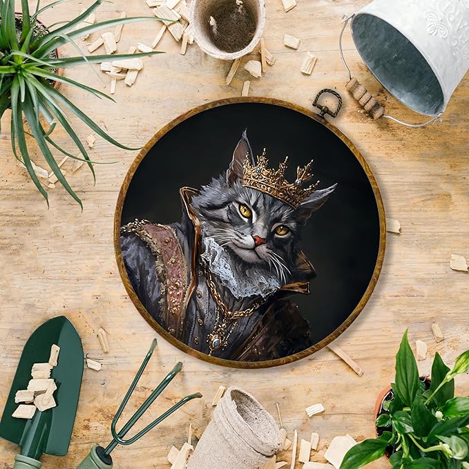 Hiuwevt Cat Renaissance Style Round Wall Art Decor, Cat Mom Lovers Gifts for Women Framed Canvas Prints, King Kitten Round Wall Hanging Decor for Bedroom Home Decorations, 10x10 Inches