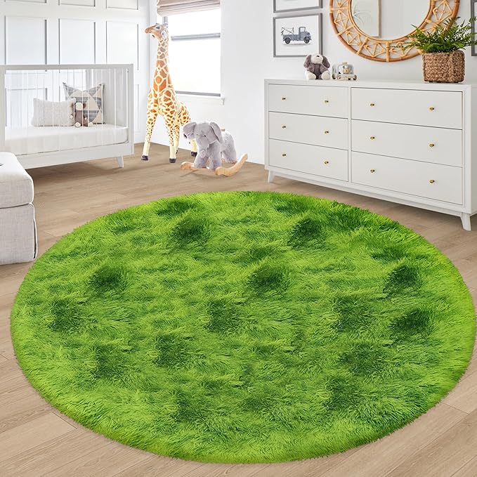 7 ft Large Fluffy Round Green Grass Area Rugs for Bedroom,Soft Shaggy Circular Rug Plush Fluffy Circle Carpet Fuzzy for Living Room Nursery Baby Toddler Room Playroom Dorm Home Decor Aesthetic