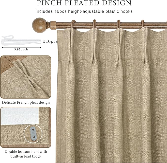 IVAPUPU Sand Pinch Pleated Full Blackout Linen Curtains for Bedroom, Black Out Curtains 95 Inches Long for Living Room Darkening Thermal Insulated Neutral Pleat Drapes with 16 Hooks, 2 Panels