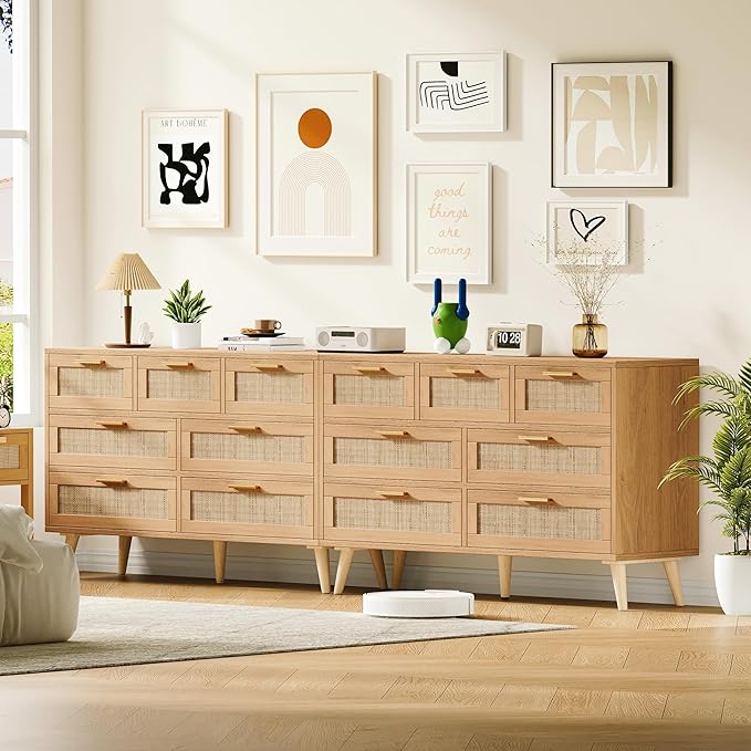 Rovaurx 7 Drawer Double Dresser for Bedroom, Rattan Chest of Dressers, Modern Wooden Dresser Chest with Golden Handles, Beside Table for Closet, Living Room and Entryway, Natural RDG004M