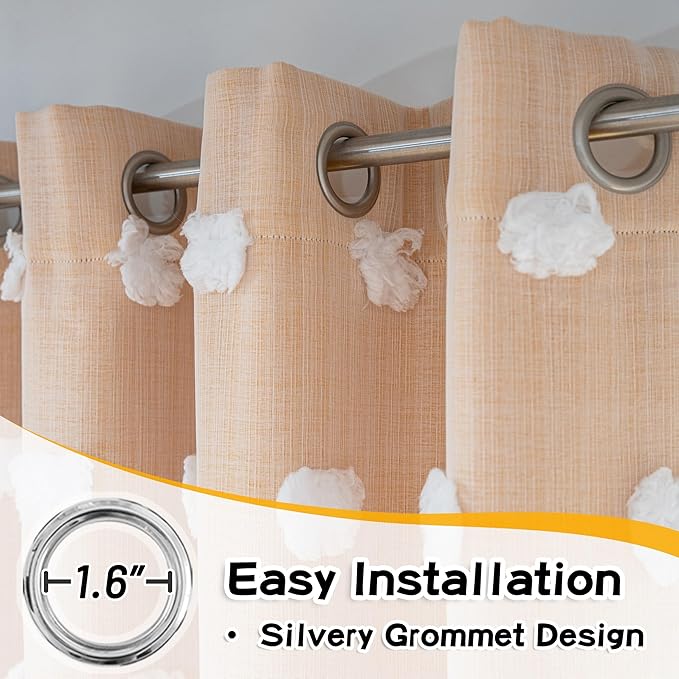 MYSKY HOME Nursery Curtains Yellow Double Layer Curtains for Bedroom 63 Inch Long Curtains for Kids Room Kithen White Pom Pom Sheer Grommet Room Darkening Window Curtains 2 Panels Set, 52 x 63 Inch