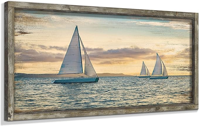 Seascape Framed Wooden Wall Art: 48"x24" Coastal Painting Art Sail Boats Artwork Decor Sunset Ocean Picture Prints for Living Room