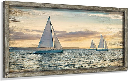 Seascape Framed Wooden Wall Art: 48"x24" Coastal Painting Art Sail Boats Artwork Decor Sunset Ocean Picture Prints for Living Room