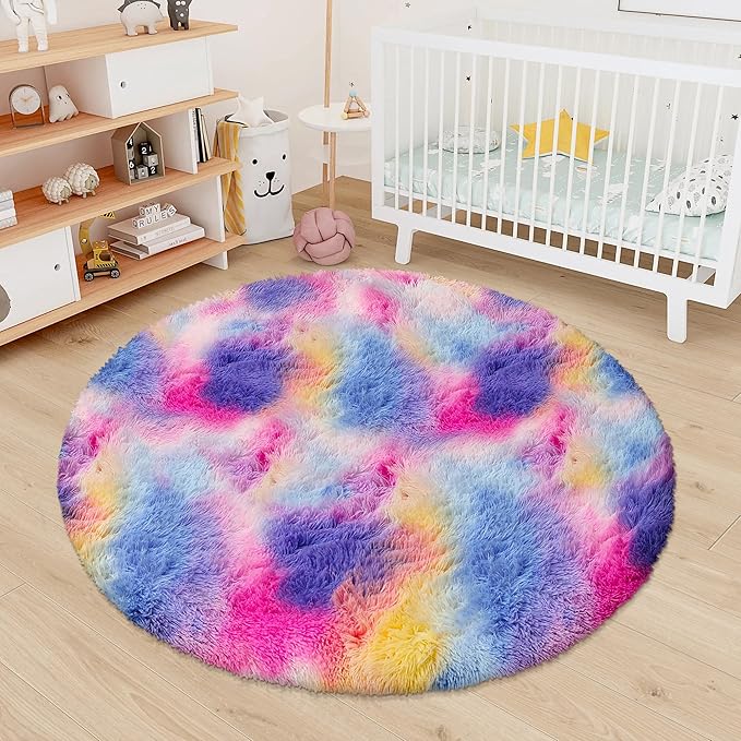 4x4 ft Pink Rainbow Round Fluffy Rug for Girls Bedroom,Colorful Soft Shaggy Circular Area Rug Kids Cute Fuzzy Carpet Furry for Living Room Nursery Playroom Room Unicorn Decor Reading Nook Mat