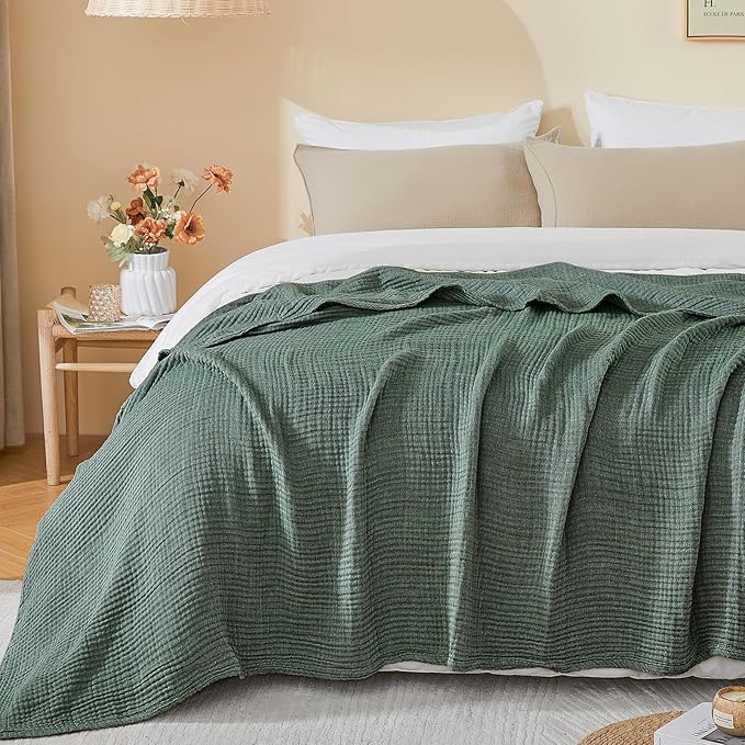 EMME Cotton Muslin Queen Blanket Bed Layering Bedspread Coverlet Breathable Gauze Soft Lightweight Blankets (Heather Forest Green, 90"x90")