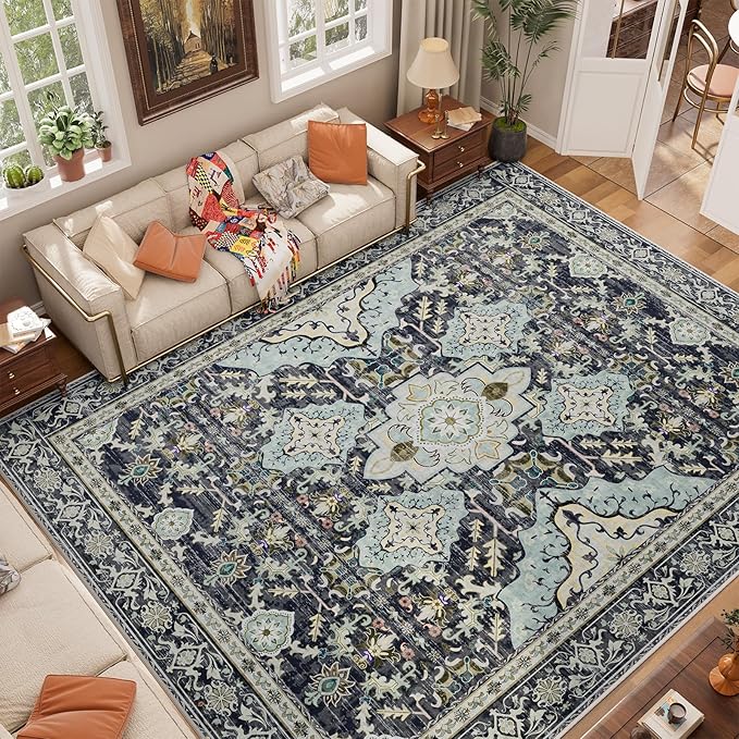 AMTOVO 8x10 Area Rugs for Living Room, Large Non-Slip Washable Rug, Boho Vintage Retro Medallion Print Pattern Carpet for Bedroom Dining Room Home Office Nursery Dorm Farmhouse, Grayish Blue