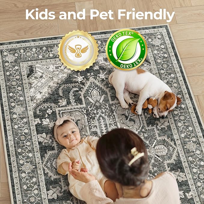 WITSHOCK Living Room Area Rugs 6x9: Washable Rug Boho Soft Non-Slip Low Pile Stain Resistant Foldable Carpet for Bedroom Playroom Dining Room Office Kitchen Farmhouse Home Decor Rug-Bitter Black