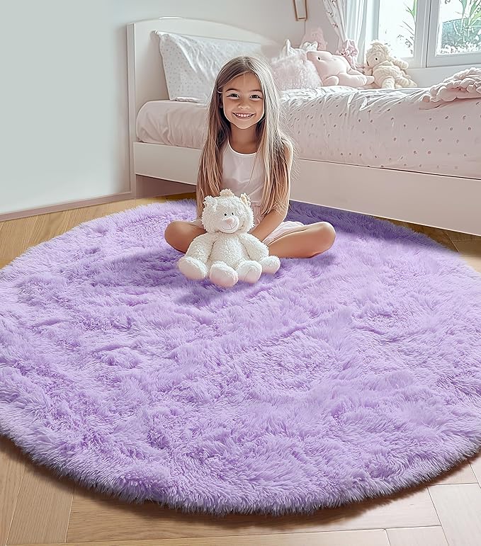 ONASAR Light Purple Round Area Rug 4ft, Soft Bedroom Circle Rugs Floor Mats for Kids Girls Teen Room, Cute Fluffy Plush Shaggy Carpet for Baby Nursery Living Room Playroom Dorm Home Decor