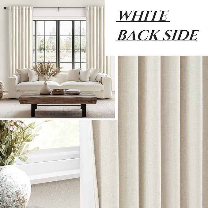 Warm Cream Thick Linen Black Out Curtains 84 Inch Long for Living Room 2 Panels Set, Farmhouse Pleated Room Darkening Window Drapes Insulated Privacy for Kids Bedroom 50"W x 84"L (Rod Pocket Back Tab)