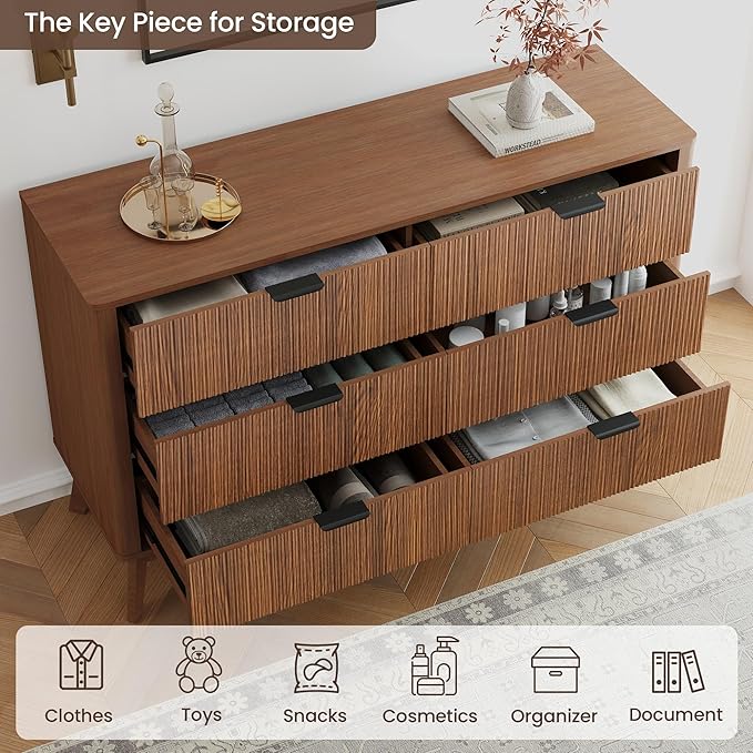 SUNWAVE 6 Drawer Dresser for Bedroom, 49.6" Wide Modern Fluted Dresser with Round Corner, Wood Chest of Drawers for Living Room