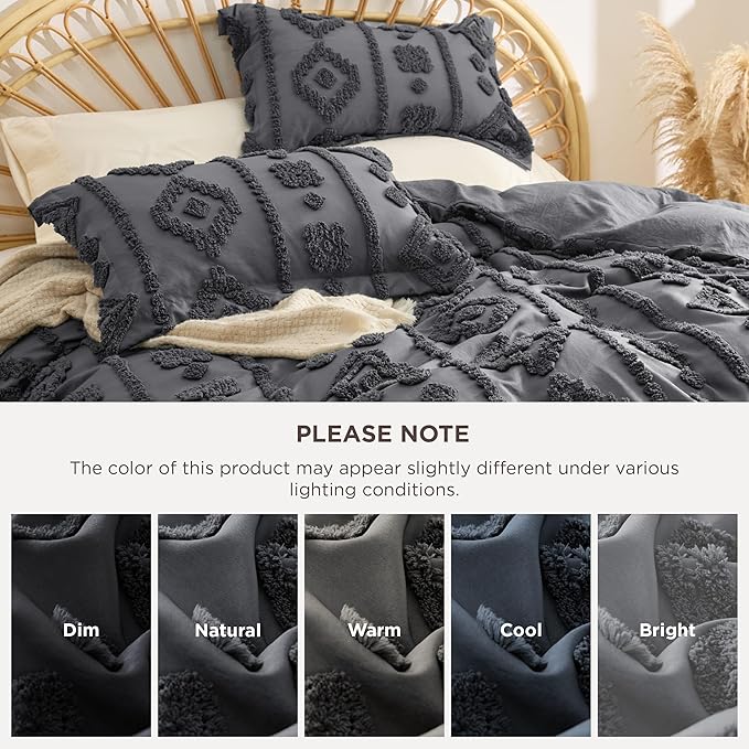 Bedsure Boho Duvet Cover King - Dark Grey Tufted Boho Bedding, Farmhouse Shabby Chic Embroidery Bedding for All Seasons, 3 Pieces, 1 Soft Jacquard King Comforter Cover and 2 Pillow Shams