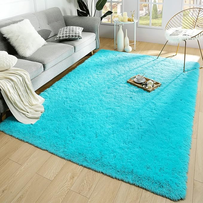 Merelax Soft Modern Indoor Large Shaggy Rug for Livingroom Bedroom Dorm Kids Room Home Decorative, Non-Slip Plush Fluffy Furry Fur Area Rugs Comfy Nursery Accent Floor Carpet 6x9 Feet, Teal Blue