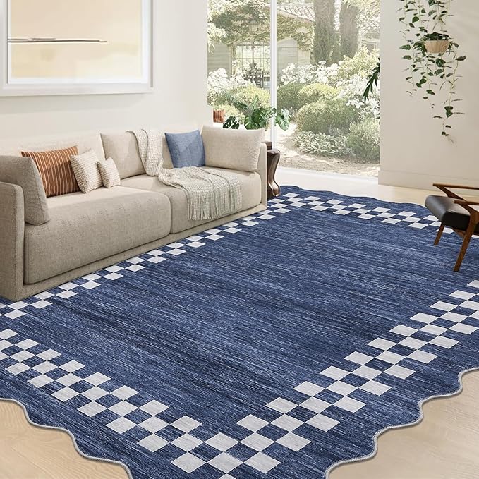 GarveeHome Scalloped Washable Rug 9x12 Area Rug for Living Room Modern Border Large Bedroom Throw Carpet with Rubber Backing Stain Resistant Boho Rug for Dining Room Home Decor Office, Blue