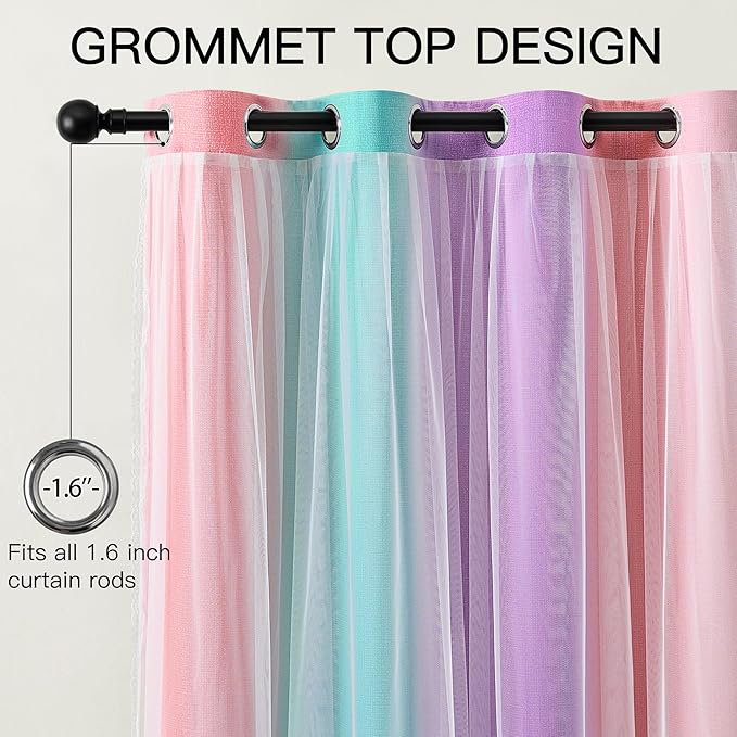 XiDi Kids Blackout Curtains with Sheer Overlay for Girl Bedroom 96 Inches Long Pink Purple Green Rainbow Princess Double Layer Curtain Thermal Insulated Room Darkening Grommet Drapes 2 Panels W52xL96