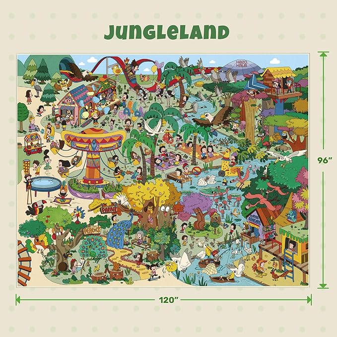 Extra Large Jungle Explorer Rug 8x10 – Vibrant Cartoon Safari with Birds, Boats, Rides & Forest Scenes – Ideal for Playrooms, Classroom, Daycares, or Activity Spaces