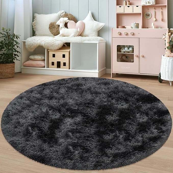 5 ft Round Fluffy Black Rug for Bedroom,Tie Dyed Furry Round Carpet Non Slip Fuzzy Shaggy Plush Circle Area Rug for Living Room Teen's Room Nursery Room Playroom Kids Room Home Decor Washable