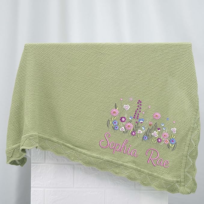 Wildflower Nursery Quilt Blanket with Ruffle Edge – Custom Embroidered Floral Name Blanket, Personalized Newborn Gift for Girls, Soft Keepsake for Baby Shower
