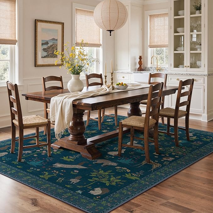 Washable Rugs 8x10 Rug for Living Room,Floral Animal Print Area Rug, Non Slip Low Pile Carpet for Bedroom, Dining Room, Nursery,Playroom, Midnight Blue