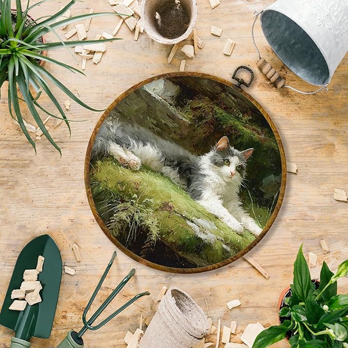 Hiuwevt Vintage Cat Round Wall Art Decor, Cat Mom Lovers Gifts for Women Framed Canvas Prints, Rustic Cottagecore Kitten Round Wall Hanging Decor for Home Bedroom Living Room Decorations, 10x10 Inches