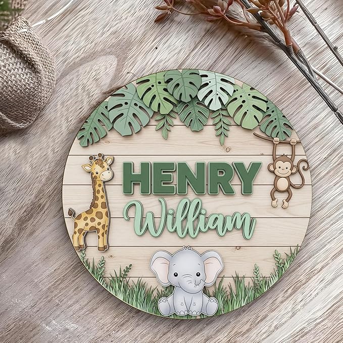 Personalized Jungle Theme Wooden Name Sign – Custom Animal Nursery Decor with Giraffe, Monkey, and Elephant Teen Bedroom Decor Nursery Decoration for Boys and Girls