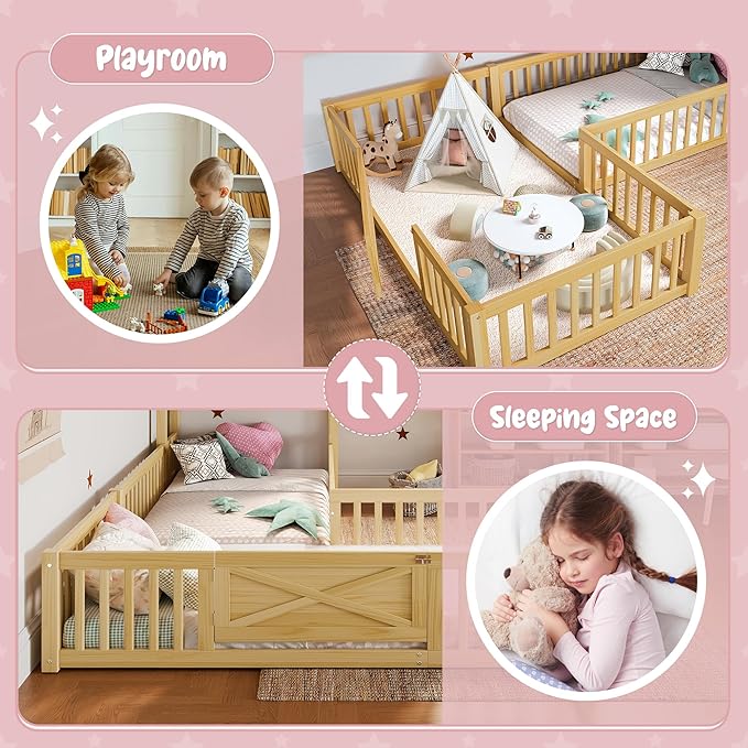 Harper & Bright Designs Twin Size House Shaped Double Floor Bed with Door and Full-Length Guardrails, Solid Wood Kids Montessori Floor Bed for Girls Boys, Multi-Function, Natural