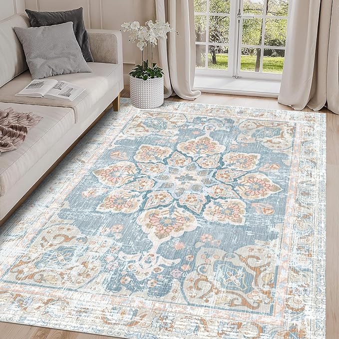 Vhong Washable Area Rugs Boho Vintage Neutral Modern Pale Blue 5x7 Non Slip Carpet for Living Room Dining Room Bedroom