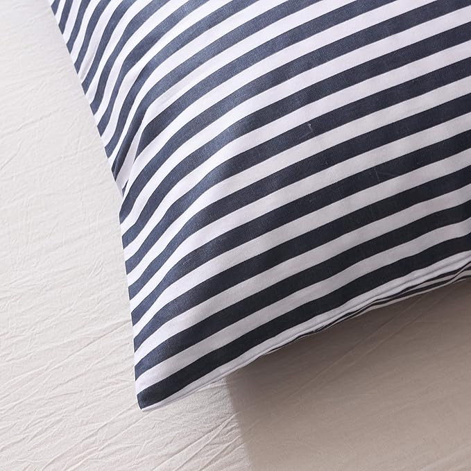 JELLYMONI 100% Natural Cotton 3pcs Striped Duvet Cover Sets,White with Navy Blue Stripes Pattern Printed Comforter Cover,with Zipper Closure & Corner Ties(Queen Size)