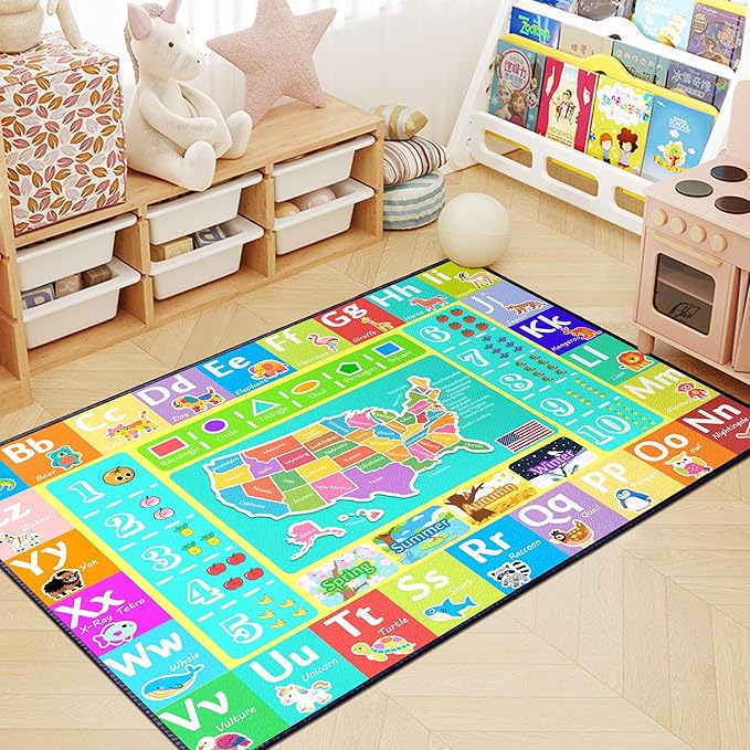 ABC Rug for Kids Playroom, 3x4 Washable Classroom Area Rugs, Educational Learning Mat with Alphabet Numbers Animals Seasons Shapes for Classroom Preschool Playroom