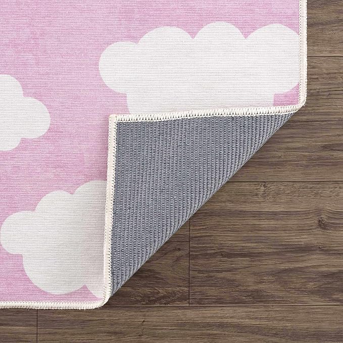 Hauteloom Nizar Girls Room, Nursery Machine Washable Area Rug - Clouds - Pink, Cream - 7'10" x 10'2"