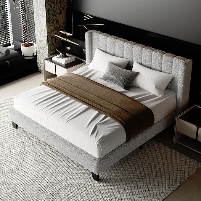 King Bed Frame with Headboard Upholstered Platform Bed Frame with Teddy Velvet Headboard, Wooden Slats Support/Wing Edge Design/No Box Spring Needed/Easy Assembly, Grey King