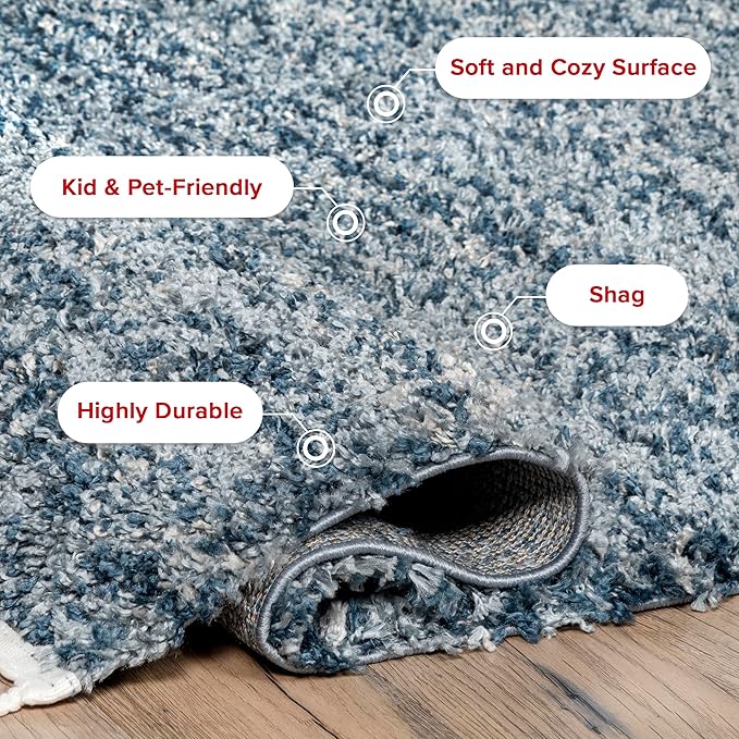 nuLOOM Brooke Shag Tasseled Area Rug - 5 Square Shag Area Rug Casual Blue/Ivory Rugs for Living Room Bedroom Dining Room Nursery