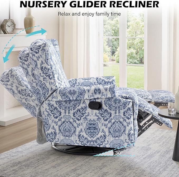 UIXE Floral Swivel Glider Recliner Chairs Set of 2, High Back Nursery Rocker Fabric Accent Chair for Living Room, Rivet Trim Upholstered Armchair Manual Reclining Sofa Seating - Navy Blue