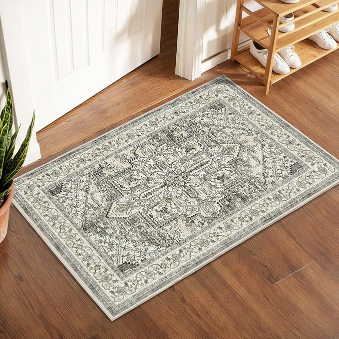 WITSHOCK Indoor Door Mat, Entrance Mat 2x3 Machine Washable Non Slip Backing Mat Soft Foldable,Vintage Rugs Mats, Inside Floor Mat Doormat, Brown Lvory