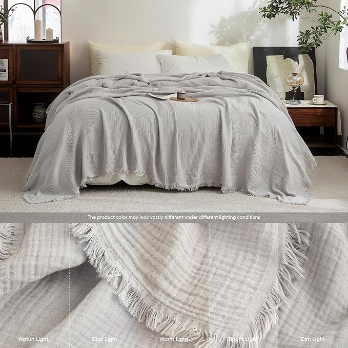 FOSSA Muslin Blanket with Fringe - 4-Layer 100% Cotton Gauze Super Soft & Breathable Throw -Lightweight Decorative Cooling Blanket for Bed, Sofa, Office -Throw XL Size 70" x 50" (Grayish)
