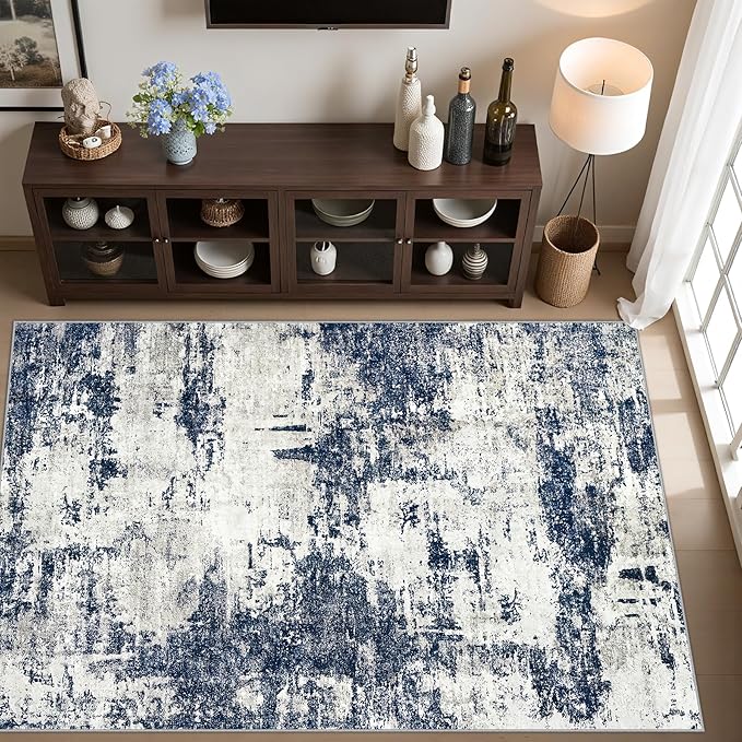 Washable Rug 6x9 Area Rugs: Soft Large Living Room Rug with Anti-Slip Backing Non-Shedding Stain-Resistant Modern Abstract Carpet for Bedroom Dining Room Nursery Home Office-Gray/Blue