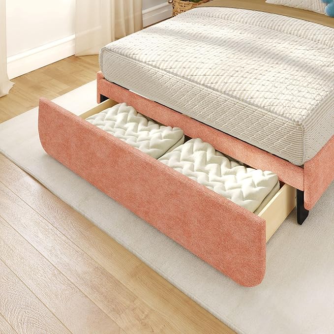 Max & Lily Upholstered Full Bed Frame with Arch Headboard with 1 Drawer End Storage, Upholstered Platform Bed for Kids, No Box Spring Needed, Easy Assembly, Dusty Rose