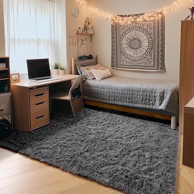 ONASAR Grey 3x5 Rugs for Bedroom, Fluffy Washable Gray Bedside Area Rug, Ultra Soft Shaggy Fuzzy Plush Small Floor Carpets for Living Room College Dorm Teen Kids Boys Home Decor Aesthetic