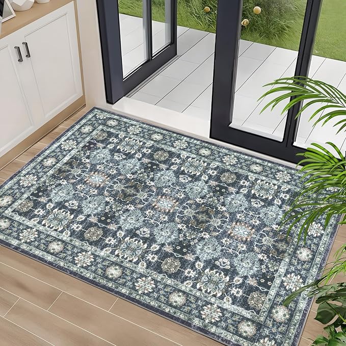 Washable 2×3 Area Rug for Entryway Indoor, Vintage Floral Small Area Rug Soft Non Slip Stain Resistant Boho Carpet for Front Door Dinning Room Kitchen Bedroom Blue/Navy