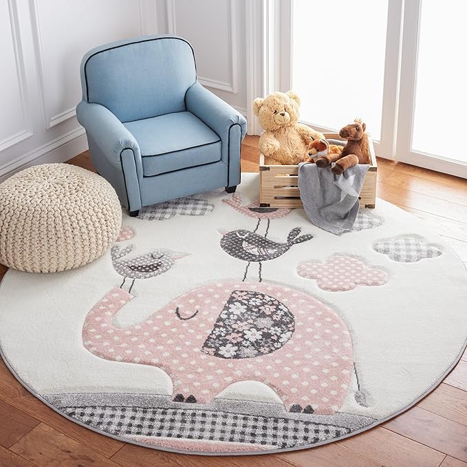SAFAVIEH Carousel Kids Collection Area Rug - 6'7" Round, Pink & Ivory, Animal Design, Non-Shedding & Easy Care, Ideal for High Traffic Areas for Boys & Girls in Playroom, Nursery, Bedroom (CRK127P)