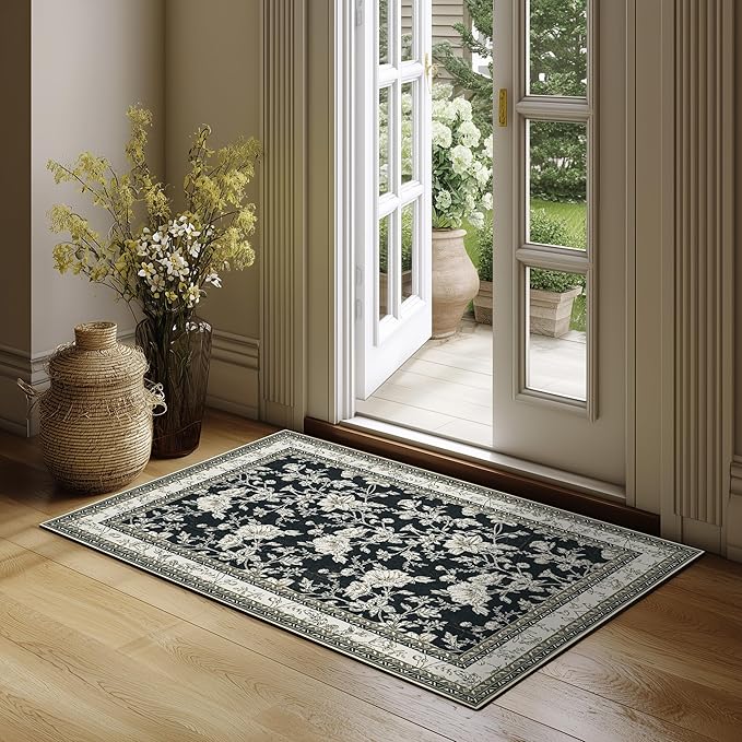 Black Floral Area Rug for Entryway 2x3 Washable Small Rug Low Pile Non Slip Distressed Entry Mat Soft Farmhouse Indoor Entrance Door Mat for Kitchen Bedroom Black with Beige Cream Taupe Floral Design