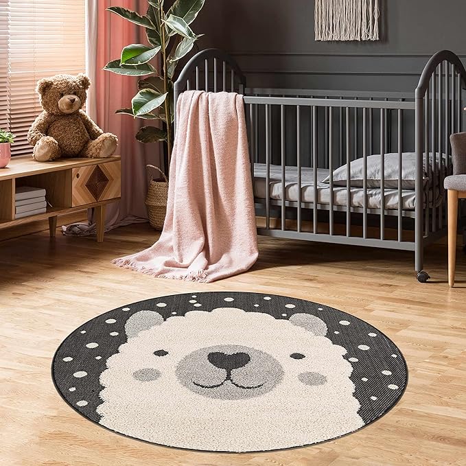 Hauteloom Kids Room, Nursery Round Area Rug - Outdoor Patio Safe - Animal Baby Elephant Playroom Carpet - Beige, Gray, Black, Cream - 7'10"