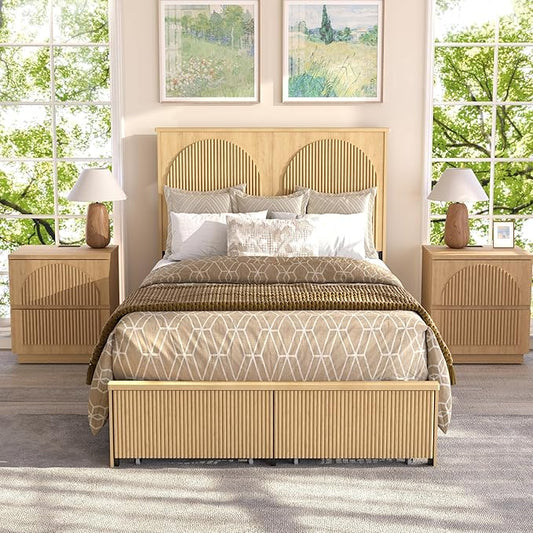 XIAOWEI Fluted Full Size Bed Frame with 52.4" Tall Headboard & 2 Storage Drawers,Sturdy Wooden Frame with Underbed Storage,No Box Spring Needed Platform Bed,Easy Assembly Low Profile Bed Frame,Natural