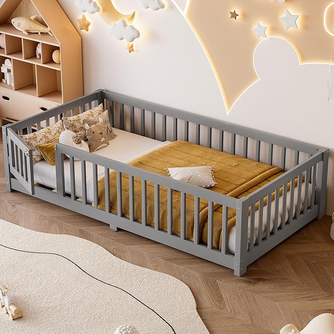 Bellemave Twin Size Floor Bed with Rails for Kids, Girls, Boys, Pine,Plywood Floor Bed with slats and Door, Grey
